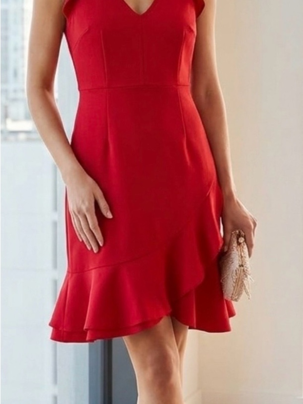 Red V-Neck Ruffle Hem Dress